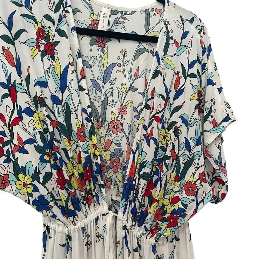 CUPSHE Floral Cotton Maxi Cover‑Up Front Tie V‑Neck Empire Waist One Size - Picture 4 of 7